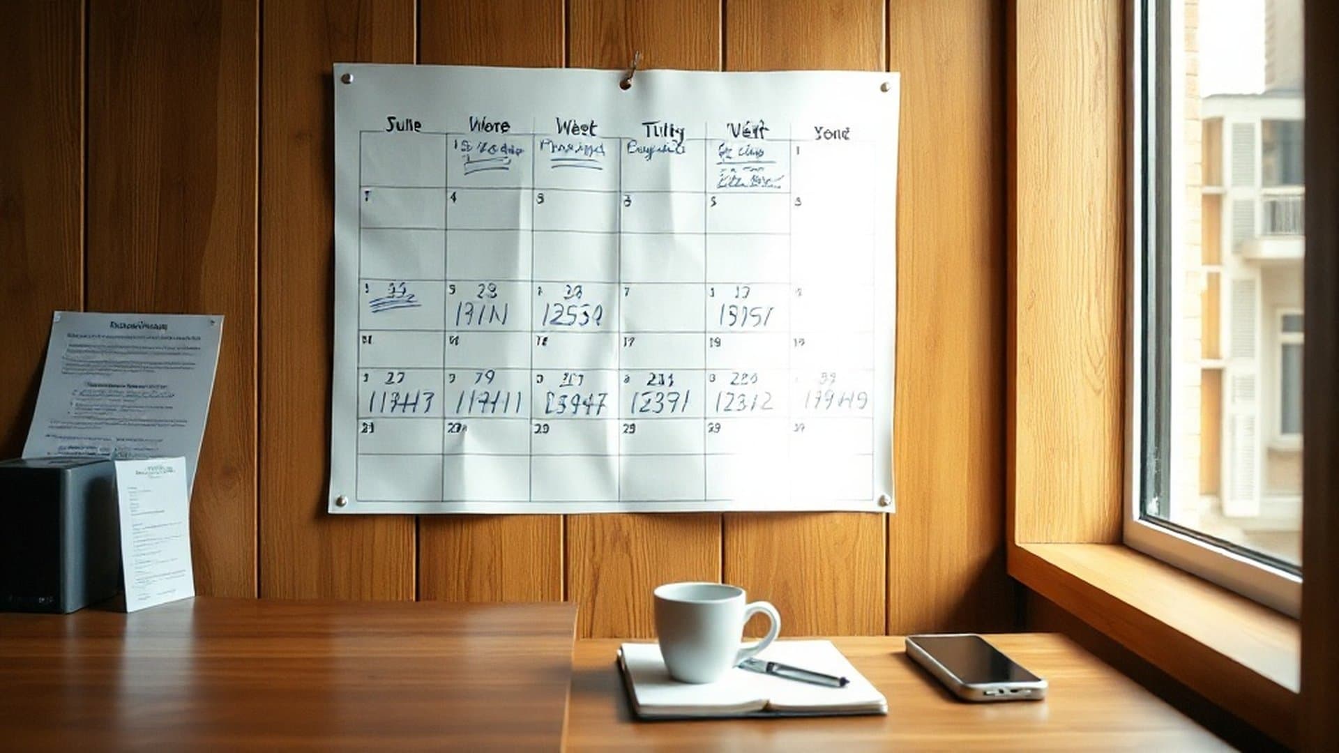 A wall calendar with weekly markers pinned in a small office — the operator-facing way to plan a 90-day SEO launch.