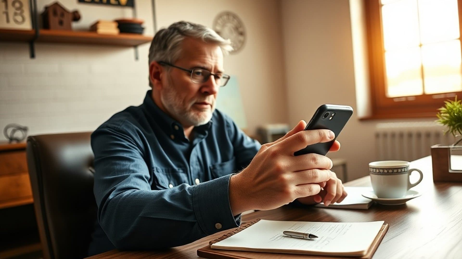Local service business owner with a smartphone and a paper checklist on a wooden desk, running the weekly GBP cadence himself.