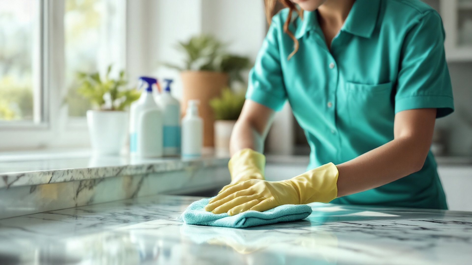 Uniformed house cleaner in gloves wiping a granite kitchen counter with a microfiber cloth in a bright sunlit home