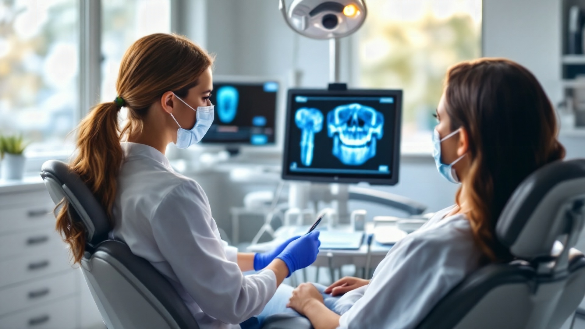 Dentist reviewing a digital dental scan on a chairside monitor with a patient in a bright modern operatory