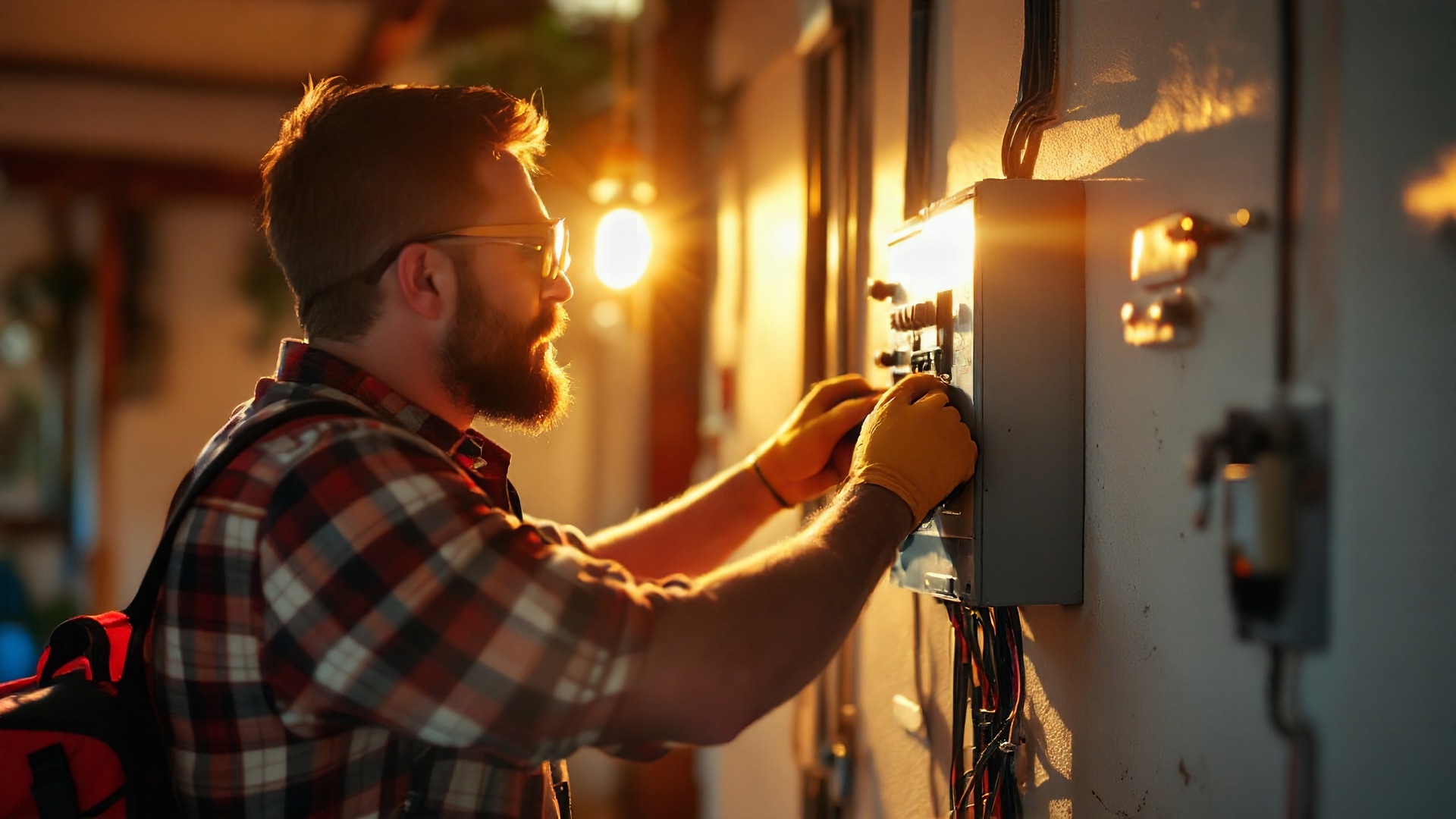 Electrician in yellow gloves and safety glasses wiring a garage breaker panel in warm evening light