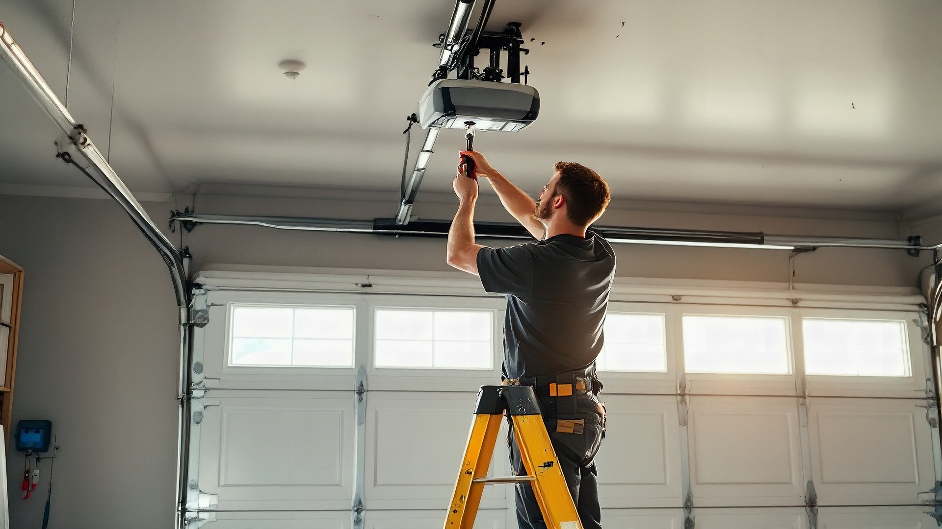 Garage door technician on a stepladder servicing the opener rail above a closed sectional door inside the garage