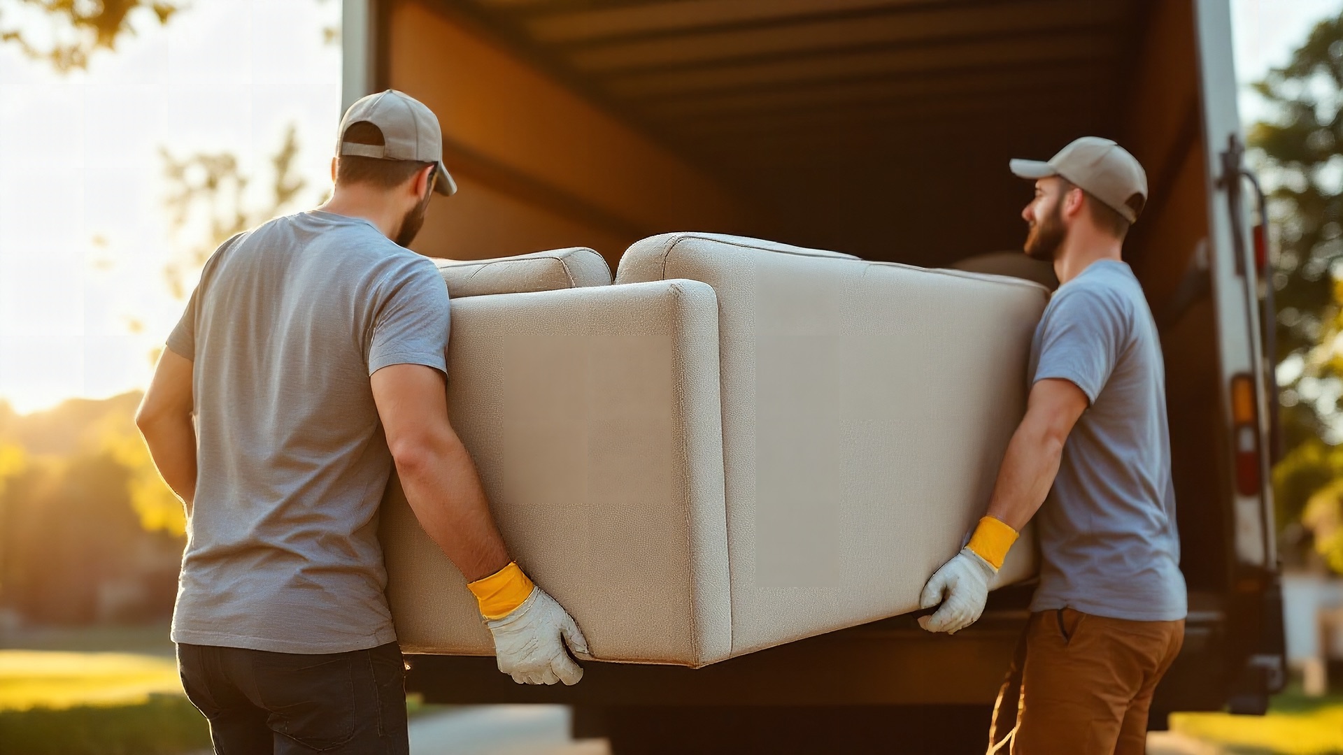 Two junk removal crew members carrying a sofa together into the back of a box truck at golden hour