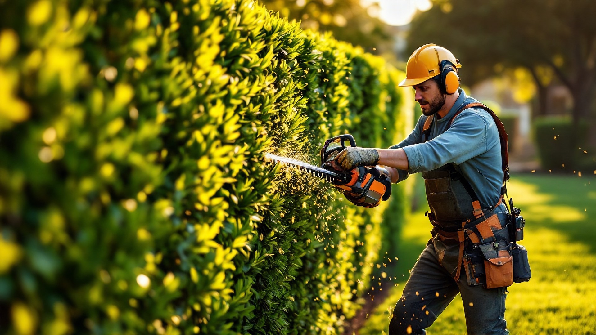 Landscaper in a hard hat and ear protection running a powered hedge trimmer along a tall hedge at golden hour