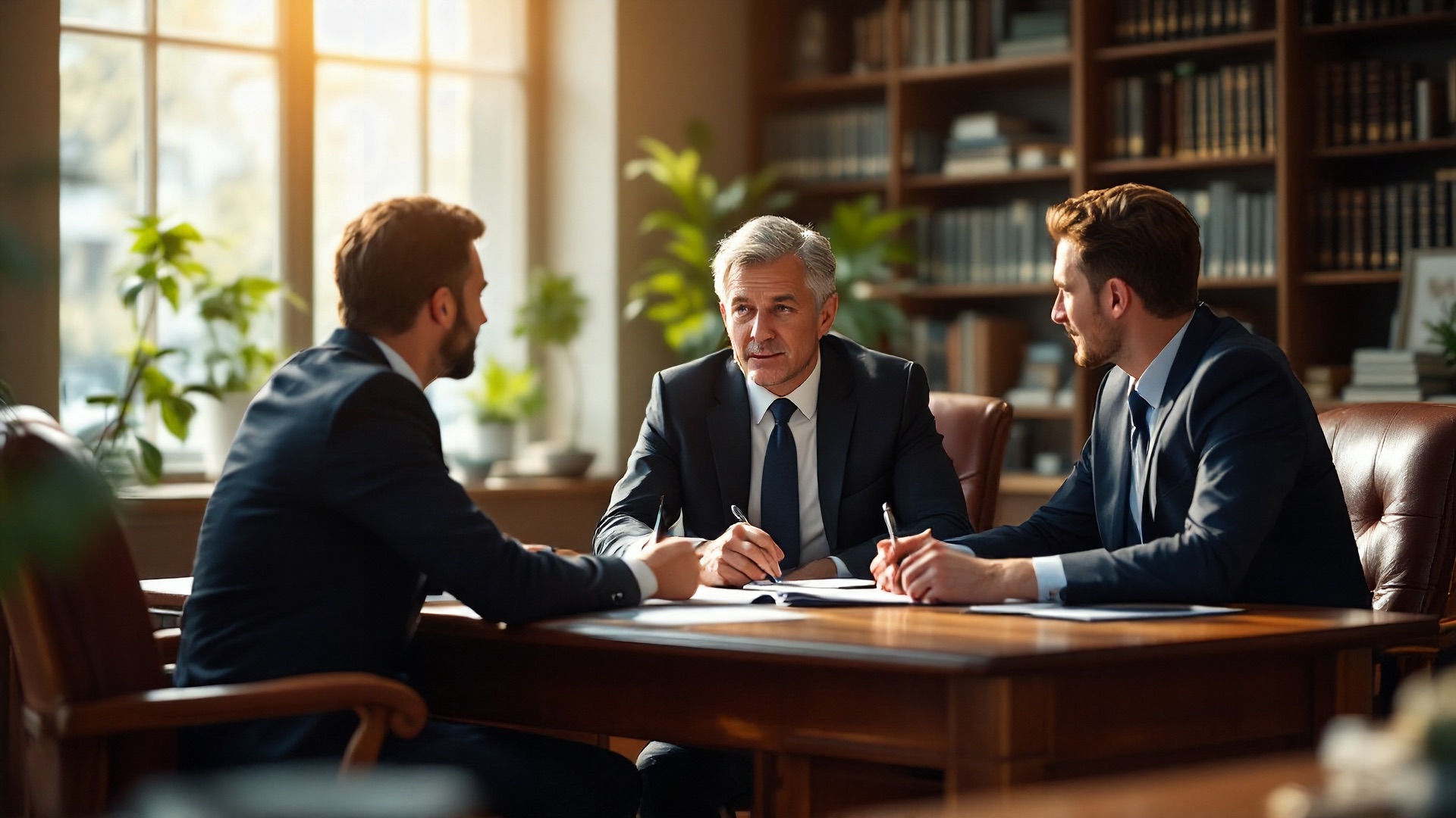 Attorney consulting with two clients across a wooden desk in a warm law office with bookshelves behind