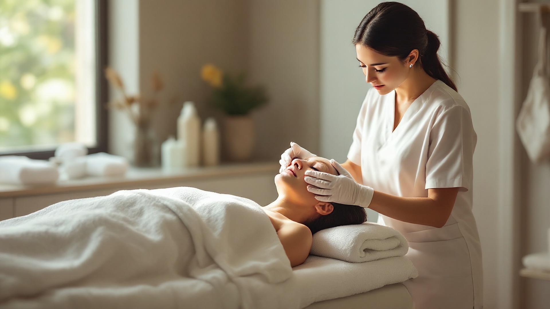 Med spa aesthetician in white gloves giving a client a facial in a softly lit treatment room