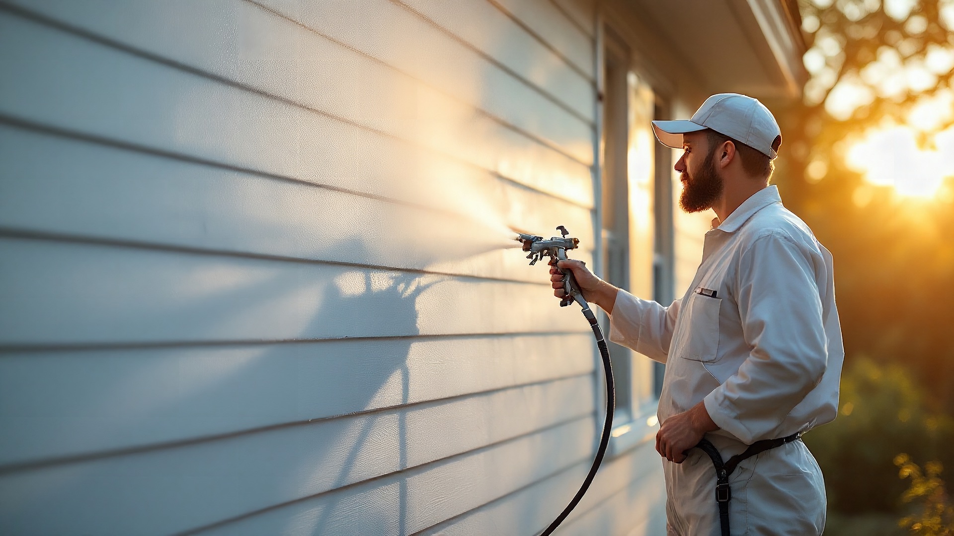 Professional painter in white coveralls spraying exterior siding with an airless paint sprayer at golden hour