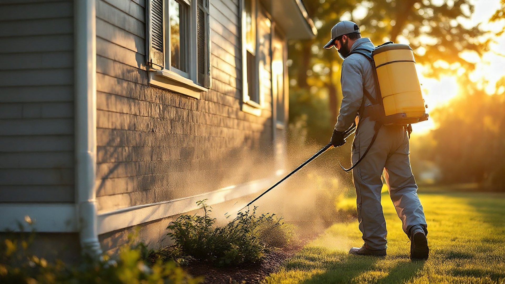 Pest control technician treating a home's foundation with a backpack sprayer at sunset