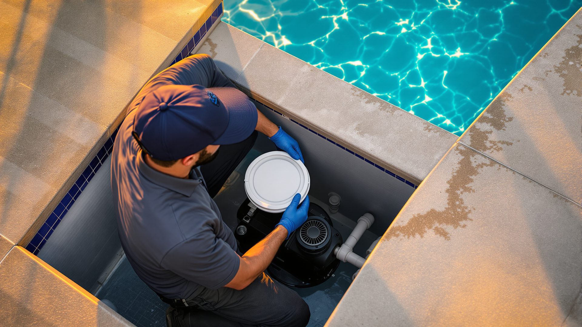Overhead view of a pool technician in a navy cap lifting the strainer-pot lid off the pool pump in a deck equipment vault beside the water at golden hour