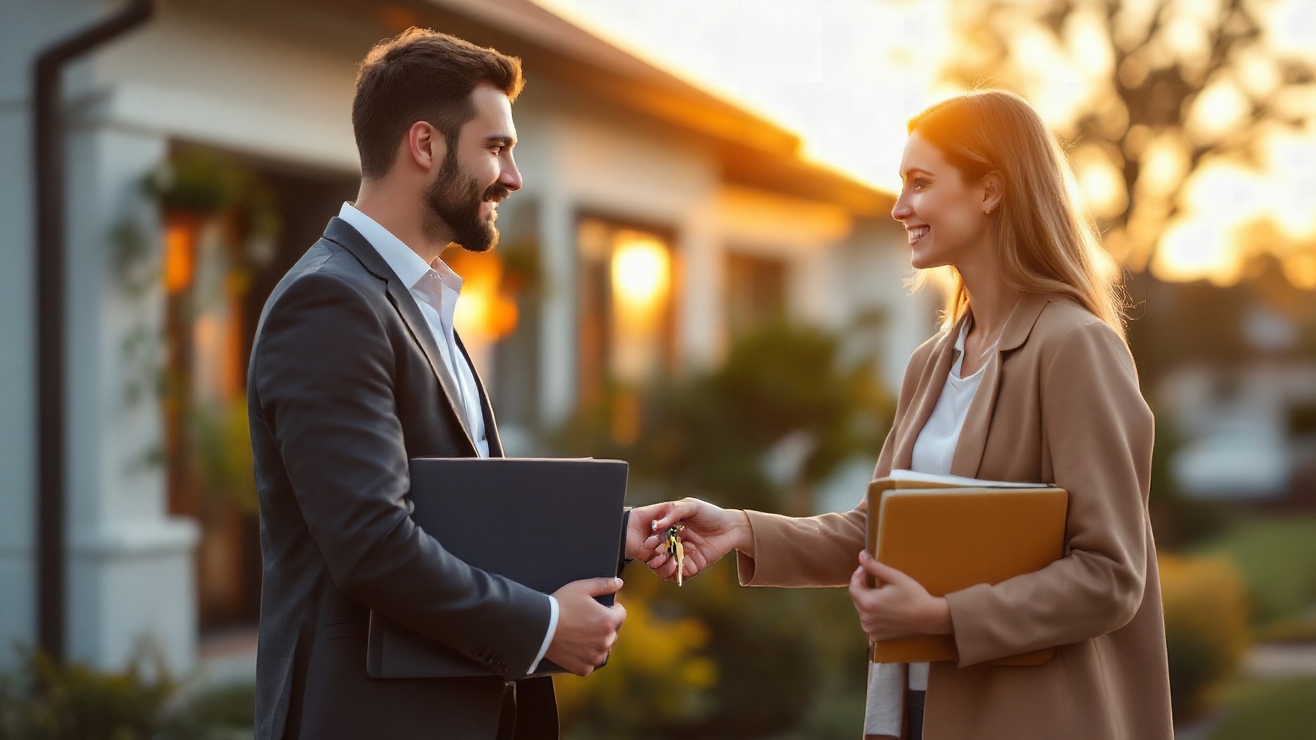 Property manager handing house keys to a new owner outside a suburban rental home at golden hour