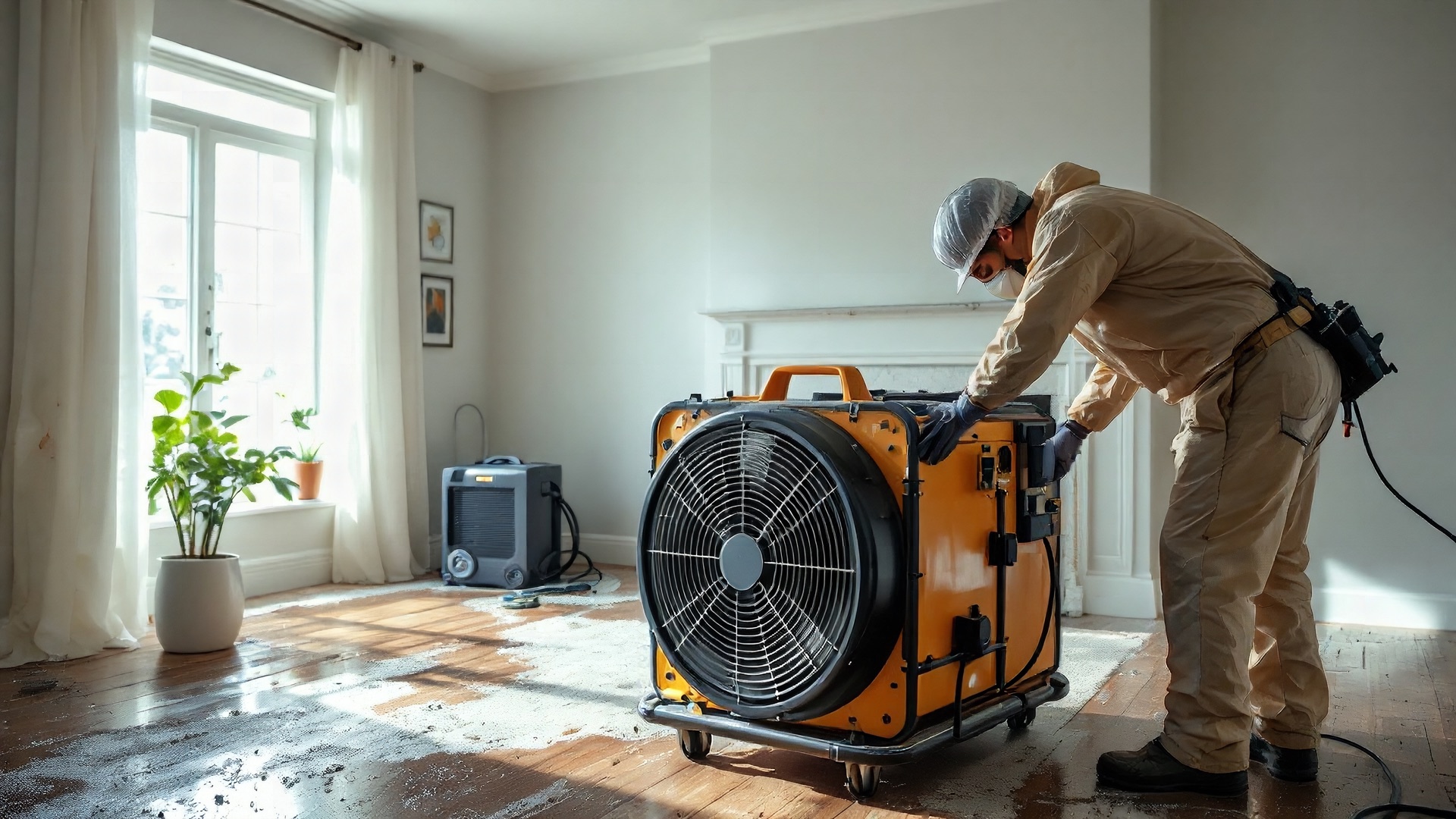 Restoration technician in protective gear positioning an air mover drying fan in a water-damaged living room