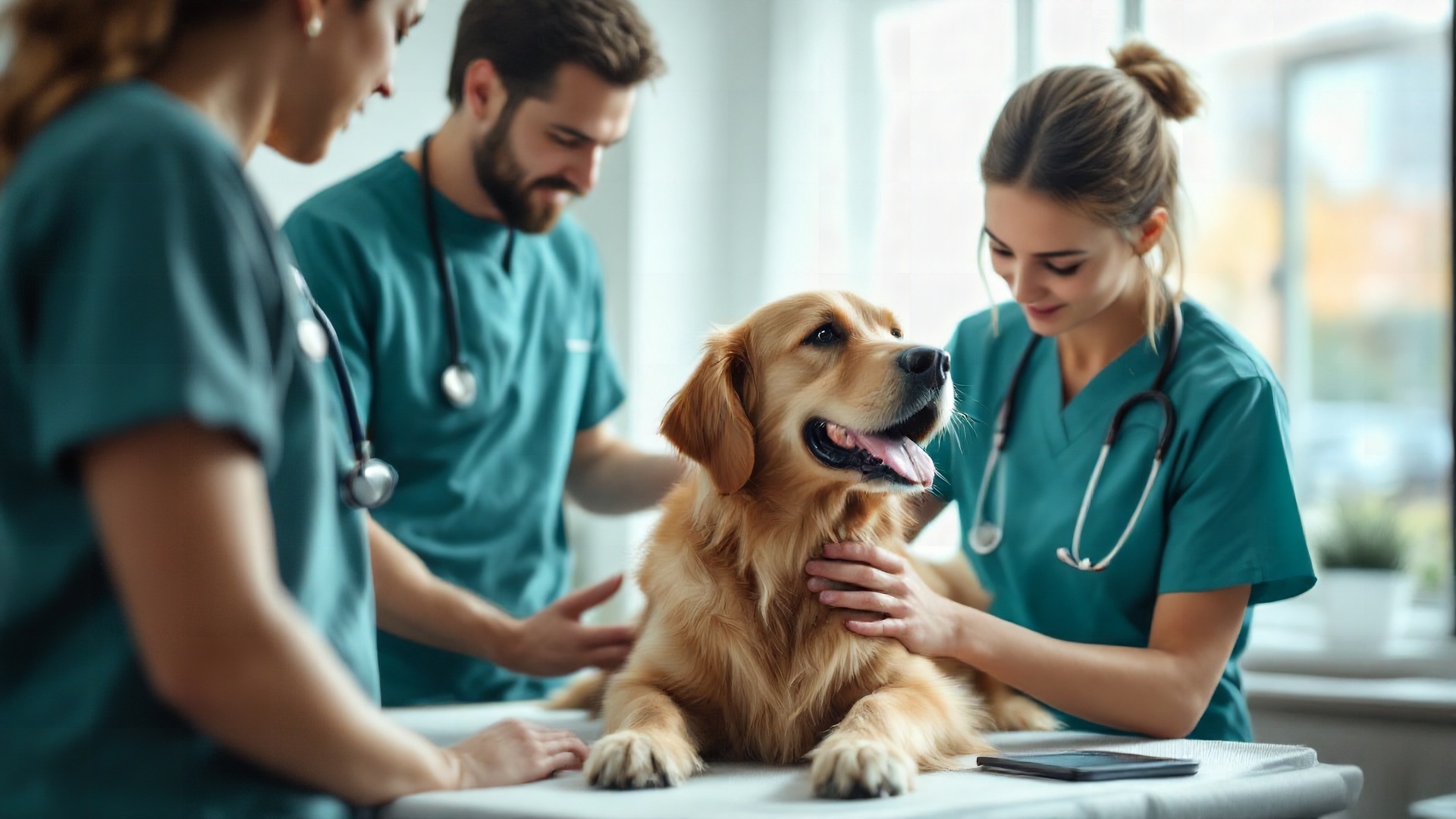 Veterinary team in teal scrubs with stethoscopes examining a golden retriever sitting on an exam table in a bright clinic